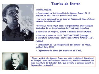 Teories de Breton
     AUTOMATISME
     • Coneixement de la Psicoanàlisi de Sigmund Freud. El 10
     octubre de 1921 visita a Freud a casa seva.
     • La teoria psicoanalítica es basa en l’associació lliure d’idees i
     defensa l’AUTOMATISME.

     • Breton ja havia tingut ocasió d’experimentar amb tècniques
     derivades de les investigacions de Freud quan treballava
     d’auxiliar en un hospital, durant la Primera Guerra Mundial.
     • Practica a partir de 1921 l’AUTOMATISME (sessions
     d’escriptura automàtica) i escriu “ELS CAMPS MAGNÈTICS”.
     SOMNI
     • Coneixement de “La interpretació dels somnis” de Freud,
     publicat l’any 1900
     • Importància del somni per evadir-se de la raó.



 El gust estètic de Sigmund Freud era molt tradicional: Freud mai
no acceptà l’obra dels artistes surrealistes, només li interessà una
mica la pintura de Salvador Dalí, que el visità a Londres durant la
Segona Guerra Mundial.
 