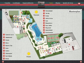 Masterplan Guarita de Acesso Administração Portaria Fitness Repouso / Spa Sauna Toaletes Churrasqueira Deck Molhado Piscina Nascente Poente Piscina Infantil Wet Play Lounge Salão de Festas Copa Brinquedoteca Jogos Adultos Playground Quadra Infantil Estacionamento 