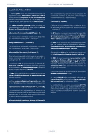 ROCA JUNYENT ENCUESTA SOBRE ARBITRAJE EN ESPAÑA
51 ENCUESTA
DATOS CLAVE: árbitros
La mayoría (59%) de las encuestadas ha respondido que
la preferencia entre Árbitro Único o Tribunal Arbitral
de tres miembros depende de las circunstancias
del caso particular. Únicamente un 10% se decanta con
carácter general por la elección de un Árbitro Único.
Los tres principales motivos que las empresas en-
cuestadas valoran a la hora de optar entre un Árbitro
Único o un Tribunal Arbitral son:
● Garantizar la imparcialidad (3,97 sobre 5).
Las empresas del sector de la construcción 	(2,67)sonlas
que menor relevancia han dado a este motivo.
● Seguridad jurídica (3,93 sobre 5).
Las empresas del sector de la construcción 	(2,67)sonlas
que menor relevancia han dado a este motivo.
● Complejidad del asunto (3,89 sobre 5).
Este motivo es especialmente importante para las em-
presas pertenecientes al sector de la hostelería (5) y al
sector primario (5).
Únicamente un 2% de las encuestadas ha admitido in-
dicar en el contrato, con carácter previo al surgimiento
de la controversia, la persona específica que llegado
el caso ocuparía el puesto de árbitro.
Un 54% afirma que la concreción previa en el contrato del
número de árbitros depende de las circunstancias
del caso particular.
Las tres características más importantes que debe
tener un árbitro según las encuestadas son las siguientes:
● Conocimiento del derecho aplicable (4,5 sobre 5).
Una característica muy importante por las empresas que
pertenecen a los sectores de la hostelería (5), industria
manufacturera (5), industrias extractivas (5), inmobiliario
(5), sector primario (5) y transporte (5).
●Conocimientodecuestionestécnicas(4,37sobre5).
Una característica muy relevante para las empresas del
sector de la hostelería (5), industrias extractivas (5), el
sector inmobiliario (5) y el transporte (5).
● Prestigio (4 sobre 5).
Calificada como muy relevante por compañías del sector
de la hostelería (5), inmobiliario (5), sector primario (5)
y transporte (5).
Un 21% de las empresas encuestadas ha respondido
que consideran que, en términos generales, no dispone
de suficiente información de cara a elegir al can-
didato idóneo para intervenir como árbitro.
Un 59% de las empresas encuestadas ha respondido
que, con carácter previo al nombramiento del árbitro,
intenta reunir toda la información posible sobre
los potenciales candidatos a árbitro.
Únicamente un 16% de las participantes cuentan con
un listado de potenciales candidatos a árbitro.
Un 50% de las encuestadas nunca ha intervenido
en un procedimiento arbitral en el que se haya
intentado recusar a un árbitro. Un 34% de las par-
ticipantes afirman que han existido recusaciones en
menos del 10% de los procedimientos arbitrales en
los que han intervenido.
El principal motivo de recusación de un árbitro es la
falta de independencia (53%).
La mayoría (40%) de las encuestadas indica que en
menos de un 10% de las ocasiones han prosperado
las recusaciones formuladas a un árbitro.
La totalidad de las empresas encuestadas (100%)
opina que las partes deben colaborar e informar sobre
potenciales conflictos que pudieran afectar a los árbitros,
incluso si dicha incidencia afecta al árbitro propuesto
por ellas.
 