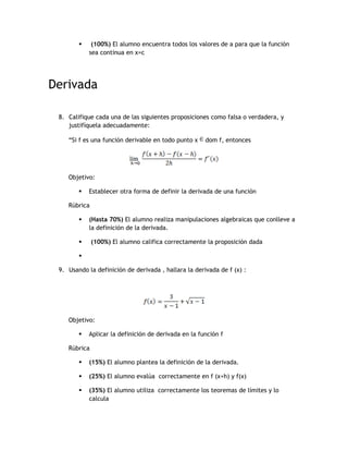     (100%) El alumno encuentra todos los valores de a para que la función
            sea continua en x=c




Derivada

 8. Califique cada una de las siguientes proposiciones como falsa o verdadera, y
    justifíquela adecuadamente:

    “Si f es una función derivable en todo punto x    dom f, entonces




    Objetivo:

           Establecer otra forma de definir la derivada de una función

    Rúbrica

           (Hasta 70%) El alumno realiza manipulaciones algebraicas que conlleve a
            la definición de la derivada.

             (100%) El alumno califica correctamente la proposición dada

        

 9. Usando la definición de derivada , hallara la derivada de f (x) :




    Objetivo:

           Aplicar la definición de derivada en la función f

    Rúbrica

           (15%) El alumno plantea la definición de la derivada.

           (25%) El alumno evalúa correctamente en f (x+h) y f(x)

           (35%) El alumno utiliza correctamente los teoremas de límites y lo
            calcula
 