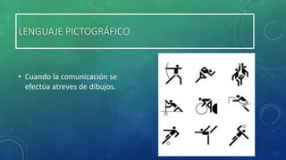 LENGUAJE PICTOGRÁFICO

• Cuando la comunicación se
efectúa atreves de dibujos.

 