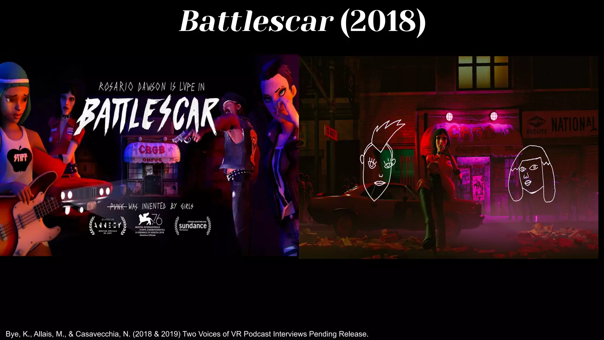 Battlescar (2018)
Bye, K., Allais, M., & Casavecchia, N. (2018 & 2019) Two Voices of VR Podcast Interviews Pending Release.
 