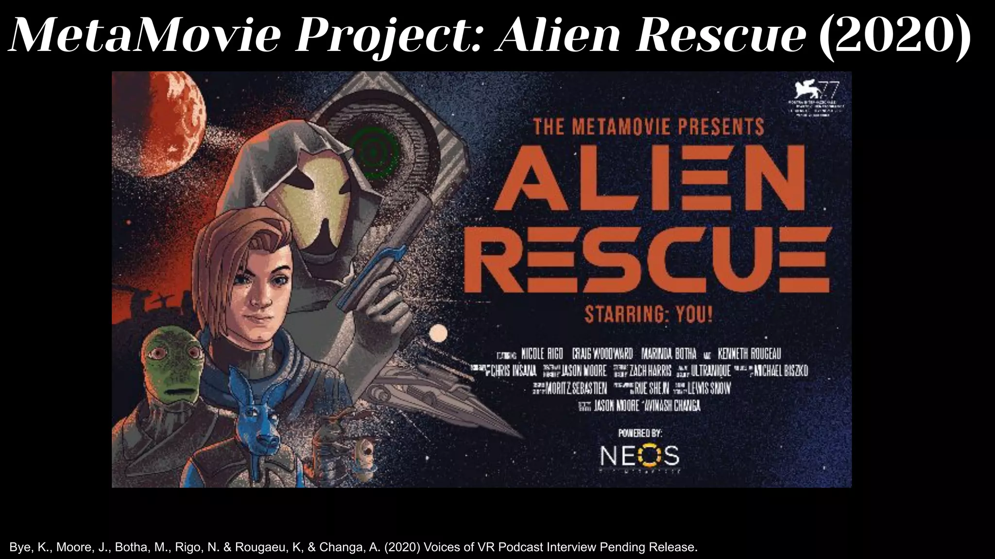 MetaMovie Project: Alien Rescue (2020)
Bye, K., Moore, J., Botha, M., Rigo, N. & Rougaeu, K, & Changa, A. (2020) Voices of VR Podcast Interview Pending Release.
 