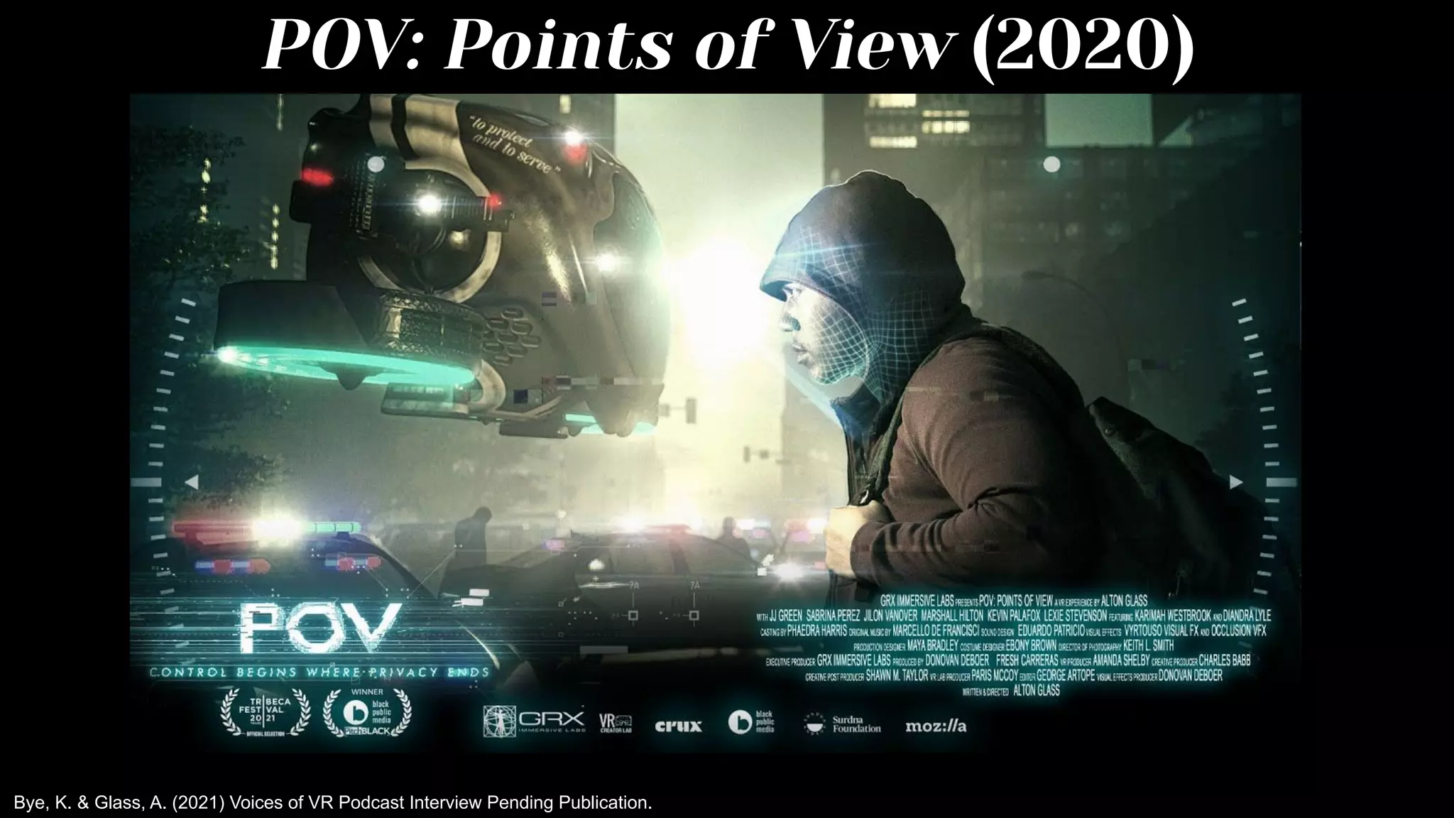 POV: Points of View (2020)
Bye, K. & Glass, A. (2021) Voices of VR Podcast Interview Pending Publication.
 