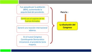 La disolución del
Congreso
Fue apoyada por la población
(80%), aumentando la
popularidad del presidente.
Contó con el soporte de las
Fuerzas Armadas.
Generó una reacción internacional
adversa.
En el nuevo Congreso
Constituyente Democrático
Unicameral, el presidente tenía
mayoría.
Para la :
 