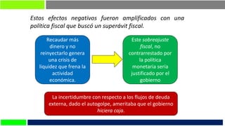 Estos efectos negativos fueron amplificados con una
política fiscal que buscó un superávit fiscal.
Recaudar más
dinero y no
reinyectarlo genera
una crisis de
liquidez que frena la
actividad
económica.
Este sobreajuste
fiscal, no
contrarrestado por
la política
monetaria sería
justificado por el
gobierno
La incertidumbre con respecto a los flujos de deuda
externa, dado el autogolpe, ameritaba que el gobierno
hiciera caja.
 