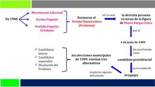 Movimiento Libertad
En 1988 Acción Popular
Partido Popular
Cristiano
Formaron el
Frente Democrático
(Fredemo)
así se unía la derecha peruana
en torno de la figura
de Mario Vargas Llosa
que el
Arequipa
4 de junio de 1989
fue proclamado
como
candidato presidencial
en la ciudad de
las elecciones municipales
de 1989, existían tres
alternativas
surgieron algunas
dificultades
✓ Candidatos
únicos
✓ Candidatos
separados
✓ Disolución del
Fredemo
 