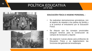 12
POLÍTICA EDUCATIVA
LEY N° 9359
EDUCACIÓN FÍSICA E HIGIENE PERSONAL :
• Se dispuso que los consejos provinciales
otorguen terrenos para la construcción de
campos de recreación y deporte
• Se realizaban demostraciones gimnásticas, con
el objetivo de respetar a los padres de familia y
a la juventud el entusiasmo por la Educación
Física.
• Se asignaron nuevas plazas para profesores de
Educación Física y se reglamentaron las
funciones del gabinete de kinesiterapia.
 