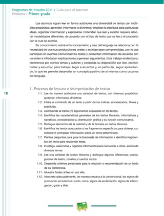 18 
Programas de estudio 2011 / Guía para el Maestro 
Primaria / Primer grado 
Los alumnos logran leer en forma autónoma una diversidad de textos con múlti­ples 
propósitos: aprender, informarse o divertirse; emplean la escritura para comunicar 
ideas, organizar información y expresarse. Entienden que leer y escribir requiere adop­tar 
modalidades diferentes, de acuerdo con el tipo de texto que se lee o el propósito 
con el cual se escribe. 
Su conocimiento sobre el funcionamiento y uso del lenguaje se relaciona con la 
necesidad de que sus producciones orales y escritas sean comprendidas, por lo que 
participan en eventos comunicativos orales y presentan información de acuerdo con 
un orden e introducen explicaciones y generan argumentos. Este trabajo evidencia su 
preferencia por ciertos temas y autores y consolida su disposición por leer, escribir, 
hablar y escuchar, para trabajar, llegar a acuerdos y, en particular, seguir aprendien­do, 
lo que les permite desarrollar un concepto positivo de sí mismos como usuarios 
del lenguaje. 
1. Procesos de lectura e interpretación de textos 
1.1. Lee de manera autónoma una variedad de textos, con diversos propósitos: 
aprender, informarse, divertirse. 
1.2. Infiere el contenido de un texto a partir de los índices, encabezados, títulos y 
subtítulos. 
1.3. Comprende la trama y/o argumentos expuestos en los textos. 
1.4. Identifica las características generales de los textos literarios, informativos y 
narrativos, considerando su distribución gráfica y su función comunicativa. 
1.5. Distingue elementos de la realidad y de la fantasía en textos literarios. 
1.6. Identifica los textos adecuados y los fragmentos específicos para obtener, co­rroborar 
o contrastar información sobre un tema determinado. 
1.7. Plantea preguntas para guiar la búsqueda de información e identifica fragmen­tos 
del texto para responder éstas. 
1.8. Investiga, selecciona y organiza información para comunicar a otros, acerca de 
diversos temas. 
1.9. Lee una variedad de textos literarios y distingue algunas diferencias: poesía, 
guiones de teatro, novelas y cuentos cortos. 
1.10. Desarrolla criterios personales para la elección o recomendación de un texto 
de su preferencia. 
1.11. Muestra fluidez al leer en voz alta. 
1.12. Interpreta adecuadamente, de manera cercana a la convencional, los signos de 
puntuación en la lectura: punto, coma, signos de exclamación, signos de interro­gación, 
guión y tilde. 
 