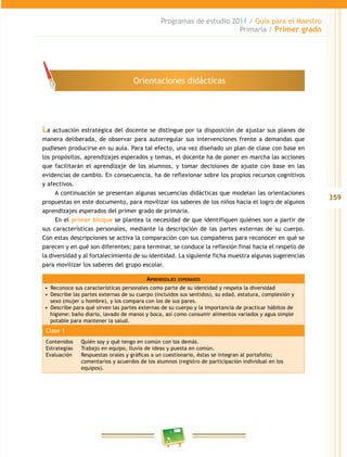 359 
Programas de estudio 2011 / Guía para el Maestro 
Primaria / Primer grado 
Orientaciones didácticas 
La actuación estratégica del docente se distingue por la disposición de ajustar sus planes de 
manera deliberada, de observar para autorregular sus intervenciones frente a demandas que 
pudiesen producirse en su aula. Para tal efecto, una vez diseñado un plan de clase con base en 
los propósitos, aprendizajes esperados y temas, el docente ha de poner en marcha las acciones 
que facilitarán el aprendizaje de los alumnos, y tomar decisiones de ajuste con base en las 
evidencias de cambio. En consecuencia, ha de reflexionar sobre los propios recursos cognitivos 
y afectivos. 
A continuación se presentan algunas secuencias didácticas que modelan las orientaciones 
propuestas en este documento, para movilizar los saberes de los niños hacia el logro de algunos 
aprendizajes esperados del primer grado de primaria. 
En el primer bloque se plantea la necesidad de que identifiquen quiénes son a partir de 
sus características personales, mediante la descripción de las partes externas de su cuerpo. 
Con estas descripciones se activa la comparación con sus compañeros para reconocer en qué se 
parecen y en qué son diferentes; para terminar, se conduce la reflexión final hacia el respeto de 
la diversidad y al fortalecimiento de su identidad. La siguiente ficha muestra algunas sugerencias 
para movilizar los saberes del grupo escolar. 
Aprendizajes esperados 
• Reconoce sus características personales como parte de su identidad y respeta la diversidad 
• Describe las partes externas de su cuerpo (incluidos sus sentidos), su edad, estatura, complexión y 
sexo (mujer u hombre), y los compara con los de sus pares. 
• Describe para qué sirven las partes externas de su cuerpo y la importancia de practicar hábitos de 
higiene: baño diario, lavado de manos y boca, así como consumir alimentos variados y agua simple 
potable para mantener la salud. 
Clase 1 
Contenidos Quién soy y qué tengo en común con los demás. 
Estrategias Trabajo en equipo, lluvia de ideas y puesta en común. 
Evaluación Respuestas orales y gráficas a un cuestionario, éstas se integran al portafolio; 
comentarios y acuerdos de los alumnos (registro de participación individual en los 
equipos). 
 