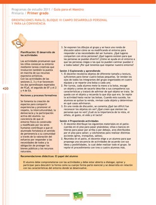 420 
Programas de estudio 2011 / Guía para el Maestro 
Primaria / Primer grado 
ORIENTACIONES PARA EL BLOQUE II CAMPO DESAROLO PERSONAL 
Y PARA LA CONVIVENCIA 
Planificación: El desarrollo de 
las actividades 
Las actividades promueven que 
los niños conozcan su entorno 
mediante tareas creativas que 
involucren también la puesta 
en marcha de sus recursos 
expresivo-artísticos. 
Con las actividades de las 
sesiones 2, 3 y 4 se favorecen 
los dos aprendizajes esperados 
de FCyE, el segundo de EF y el 2 
y 4 de EA. 
3. Se exponen los dibujos al grupo y se hace una ronda de 
discusión sobre cómo se va modificando el entorno para 
responder a las necesidades del ser humano. ¿Qué lugares 
comparten con otras personas? ¿Qué lugares existen para que 
las personas se puedan divertir? ¿Cómo se ayuda en el entorno a 
que las personas ciegas o las que no pueden caminar puedan ir 
a todos lados? ¿Por qué tenemos que respetar nuestro entorno? 
Sesión 3 Explorando y aprendiendo 
1. El docente recolecta objetos de diferente tamaño y textura, 
suficientes para llenar cuatro bolsas pequeñas. Se vendan los 
ojos de todos los integrantes del grupo organizados en cuatro 
equipos y se reparte una bolsa a cada uno. 
2. Por turnos, cada alumno mete la mano a la bolsa, escoge 
un objeto y antes de sacarlo describe a sus compañeros sus 
características y tratará de adivinar de qué objeto se trata. Se 
queda con el objeto y recuerda lo que dijo que era. Se repite 
la actividad hasta vaciar las bolsas. Cuando esto suceda, los 
alumnos se quitan la venda, revisan cada objeto y determinan 
en qué casos adivinaron. 
3. En una ronda de discusión, se comenta ¿Qué tan difícil fue 
reconocer los objetos sin ver? ¿Qué creen que sienten las 
personas que no ven? ¿Cuál es la importancia de la vista, el 
olfato, el gusto, el oído y el tacto? 
Sesión 4 Proponiendo actividades 
1. El docente distribuye los siguientes materiales en el patio: 
cuerdas en el piso para pasar pisándolas; sillas o bancos en 
hileras para pasar por arriba o por debajo, aros distribuidos 
por el piso para saltar; y colchonetas para realizar distintas 
acciones (giros, tronquitos, saltos). 
2. Reunidos en el patio, el docente elige a un alumno para que 
proponga una secuencia de actividades de acuerdo con sus 
ideas y posibilidades, la cual debe realizar todo el grupo. Se 
repite el procedimiento con tres o cuatro alumnos más. 
Nociones y procesos formativos 
Se fomenta la creación de 
espacios para compartir 
experiencias y promover el 
respeto, la interculturalidad, la 
democracia y la participación 
activa del alumno. La 
conciencia de que el 
entorno físico es construido 
y modificado por los seres 
humanos contribuye a que el 
alumnado fortalezca el sentido 
de pertenencia a su comunidad 
a través de la valoración del 
esfuerzo por responder a las 
necesidades de todos y la 
obligación de proteger los 
bienes públicos y los recursos 
naturales. 
Recomendaciones didácticas: El papel del alumno 
El alumno debe comprometerse con las actividades y debe estar abierto a dialogar, opinar y 
participar para descubrir la forma como su cuerpo forma parte esencial y se desarrolla en relación 
con las características del entorno donde se desenvuelve. 
 