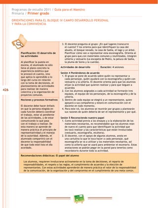 426 
Programas de estudio 2011 / Guía para el Maestro 
Primaria / Primer grado 
ORIENTACIONES PARA EL BLOQUE IV CAMPO DESAROLO PERSONAL 
Y PARA LA CONVIVENCIA 
Planificación: El desarrollo de 
las actividades 
Al planificar la puesta en 
escena, el alumnado no sólo 
lleva al plano concreto la 
experiencia estética que 
le provocó el cuento, sino 
que aplica lo aprendido a lo 
largo del curso en relación 
con la toma de decisiones, el 
planteamiento de actividades 
para realizar de manera 
colectiva y la organización de 
proyectos comunes. 
3. El docente pregunta al grupo: ¿En qué lugares transcurre 
el cuento? Y los orienta para que identifiquen la casa del 
abuelo, el bosque nevado, la casa de Sasha, el lago y un árbol. 
Planificar cómo van a representar esta escenografía. Orienta al 
grupo para que,con materiales comunes y reutilizados, integren 
utilería y vestuario (La escopeta de Pedro, la peluca de Sasha, 
la pluma de Sonia y la cuerda). 
Actividades de desarrollo Duración: 4 sesiones 
Sesión 4 Poniéndonos de acuerdo 
1. El grupo se pone de acuerdo sobre quién va representar a 
cada personaje, quién ayudará con la escenografía y quién con 
vestuario y la utilería. El docente orienta para que los alumnos 
elijan la actividad que quieren realizar y para que lleguen a 
acuerdos 
2. Con los alumnos asignados a cada actividad se formarán tres 
equipos, el equipo de los personajes, de la escenografía y de la 
utilería. 
3. Dentro de cada equipo se elegirá a un representante, quien 
apoyará a sus compañeros y estará en comunicación con el 
docente en todo momento. 
4. Para este rol, los alumnos se reunirán por grupos y plantearán 
sus razones de quién debería de ser el representante y por qué. 
Sesión 5 Reconociendo nuestro papel 
1. Como actividad previa a los ensayos y a la elaboración de los 
materiales necesarios, es recomendable que los alumnos vean 
de nuevo el cuento para que identifiquen la actividad que 
les tocó realizar y las características que están involucradas 
(vestuario, escenografía, etcétera). 
2. El docente, con el apoyo de algunos alumnos, anota en 
una cartulina lo que le toca hacer a cada personaje, qué 
escenografía se va a utilizar y los materiales necesarios, así 
como la utilería que se usará para ambientar el escenario. Estas 
anotaciones se podrán pegar en la pared para tenerlos como 
recordatorio durante toda la actividad. 
Nociones y procesos formativos 
El docente debe hacer énfasis 
en que la persona elegida en 
cada función deberá coordinar 
el trabajo, estar al pendiente 
de las actividades, y de estar 
comunicando lo que pasa 
con el trabajo a realizar. De 
esta manera se aprende de 
manera práctica el principio de 
representatividad y el manejo 
de la autoridad. Además, el 
alumnado compartirá con el 
docente la responsabilidad 
de que todo esté listo el día 
acordado. 
Recomendaciones didácticas: El papel del alumno 
Los alumnos, requieren involucrarse activamente en la toma de decisiones, el reparto de 
responsabilidades, el respeto a las reglas, el cumplimiento de acuerdos y la elección de 
representantes. Con estas actividades aprenderán de manera práctica el valor de la responsabilidad 
de la comunicación, de la organización y del compromiso en el cumplimiento de una meta común. 
 