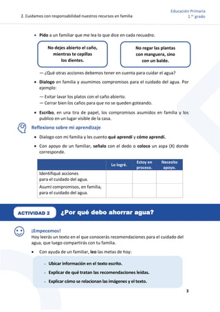 2. Cuidamos con responsabilidad nuestros recursos en familia
3
Educación Primaria
1.er
grado
 Pido a un familiar que me lea lo que dice en cada recuadro.
— ¿Qué otras acciones debemos tener en cuenta para cuidar el agua?
 Dialogo en familia y asumimos compromisos para el cuidado del agua. Por
ejemplo:
— Evitar lavar los platos con el caño abierto.
— Cerrar bien los caños para que no se queden goteando.
 Escribo, en una tira de papel, los compromisos asumidos en familia y los
publico en un lugar visible de la casa.
Reflexiono sobre mi aprendizaje
 Dialogo con mi familia y les cuento qué aprendí y cómo aprendí.
 Con apoyo de un familiar, señalo con el dedo o coloco un aspa (X) donde
corresponde.
¡Empecemos!
Hoy leerás un texto en el que conocerás recomendaciones para el cuidado del
agua, que luego compartirás con tu familia.
 Con ayuda de un familiar, leo las metas de hoy:
Lo logré.
Estoy en
proceso.
Necesito
apoyo.
Identifiqué acciones
para el cuidado del agua.
Asumí compromisos, en familia,
para el cuidado del agua.
No dejes abierto el caño,
mientras te cepillas
los dientes.
No regar las plantas
con manguera, sino
con un balde.
ACTIVIDAD 2 ¿Por qué debo ahorrar agua?
- Ubicar información en el texto escrito.
- Explicar de qué tratan las recomendaciones leídas.
- Explicar cómo se relacionan las imágenes y el texto.
 