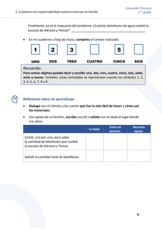 2. Cuidamos con responsabilidad nuestros recursos en familia
8
Educación Primaria
1.er
grado
Finalmente, ya sé la respuesta del problema. ¿Cuántos botellones de agua recibió la
escuela de Adriana y Teresa? __________________________________________
 En mi cuaderno u hoja de reúso, completo el conteo realizado.
Reflexiono sobre mi aprendizaje
 Dialogo con mi familia y les cuento qué fue lo más fácil de hacer y cómo usé
los materiales.
 Con apoyo de un familiar, escribo una (X) o señalo con mi dedo el lugar donde
me ubico.
Lo logré.
Estoy en
proceso.
Necesito
apoyo.
Conté, uno por uno, para saber
la cantidad de botellones que recibió
la escuela de Adriana y Teresa.
Señalé la cantidad total de botellones.
UNO DOS
1 2 3
TRES CUATRO
5
SEIS
CINCO
Recuerdo:
Para contar objetos puedes decir y escribir uno, dos, tres, cuatro, cinco, seis, siete,
ocho y nueve. También, estas cantidades se representan usando los símbolos 1, 2,
3, 4, 5, 6, 7, 8 y 9.
 