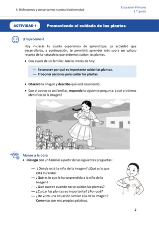 4. Disfrutamos y conservamos nuestra biodiversidad
2
Educación Primaria
1.er
grado
¡Empecemos!
Hoy iniciarás tu cuarta experiencia de aprendizaje. La actividad que
desarrollarás, a continuación, te permitirá aprender más sobre un valioso
recurso de la naturaleza que debemos cuidar: las plantas.
 Con ayuda de un familiar, leo las metas de hoy:
 Observo la imagen y describo qué está ocurriendo.
 Con el apoyo de un familiar, respondo la siguiente pregunta: ¿qué problema
identifico en la imagen?
Manos a la obra
 Dialogo con un familiar a partir de las siguientes preguntas:
— ¿Dónde está la niña de la imagen? ¿Qué es lo que
está mirando?
— ¿Qué es lo que le ha sorprendido a la niña de la
imagen?
— ¿Qué sucede cuando no se cuidan las plantas?
— ¿Cuidar las plantas es importante? ¿Por qué?
— ¿He visto una situación similar a la de la imagen?
Comento con mis propias palabras.
.
— Reconocer por qué es importante cuidar las plantas.
— Proponer acciones para cuidar las plantas.
Promoviendo el cuidado de las plantas
ACTIVIDAD 1
 