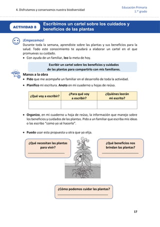 4. Disfrutamos y conservamos nuestra biodiversidad
17
Educación Primaria
1.er
grado
¡Empecemos!
Durante toda la semana, aprendiste sobre las plantas y sus beneficios para la
salud. Todo este conocimiento te ayudará a elaborar un cartel en el que
promuevas su cuidado.
 Con ayuda de un familiar, leo la meta de hoy.
Manos a la obra
 Pido que me acompañe un familiar en el desarrollo de toda la actividad.
 Planifico mi escritura. Anoto en mi cuaderno u hojas de reúso.
¿Qué voy a escribir?
¿Para qué voy
a escribir?
¿Quiénes leerán
mi escrito?
 Organizo, en mi cuaderno u hoja de reúso, la información que manejo sobre
los beneficios y cuidados de las plantas. Pido a un familiar que escriba mis ideas
o las escribo “como yo sé hacerlo”.
 Puedo usar esta propuesta u otra que yo elija.
Escribir un cartel sobre los beneficios y cuidados
de las plantas para compartirlo con mis familiares.
.
¿Qué beneficios nos
brindan las plantas?
_____________________
¿Qué necesitan las plantas
para vivir?
_____________________
¿Cómo podemos cuidar las plantas?
_____________________________
ACTIVIDAD 8
Escribimos un cartel sobre los cuidados y
beneficios de las plantas
 