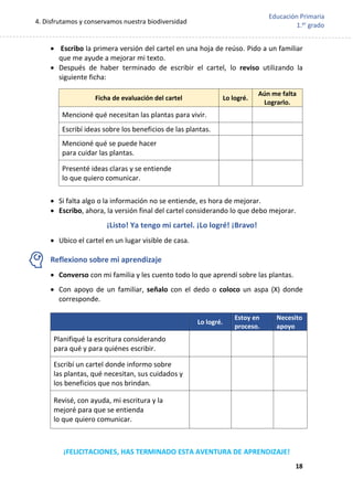 4. Disfrutamos y conservamos nuestra biodiversidad
18
Educación Primaria
1.er
grado
 Escribo la primera versión del cartel en una hoja de reúso. Pido a un familiar
que me ayude a mejorar mi texto.
 Después de haber terminado de escribir el cartel, lo reviso utilizando la
siguiente ficha:
Ficha de evaluación del cartel Lo logré.
Aún me falta
Lograrlo.
Mencioné qué necesitan las plantas para vivir.
Escribí ideas sobre los beneficios de las plantas.
Mencioné qué se puede hacer
para cuidar las plantas.
Presenté ideas claras y se entiende
lo que quiero comunicar.
 Si falta algo o la información no se entiende, es hora de mejorar.
 Escribo, ahora, la versión final del cartel considerando lo que debo mejorar.
¡Listo! Ya tengo mi cartel. ¡Lo logré! ¡Bravo!
 Ubico el cartel en un lugar visible de casa.
Reflexiono sobre mi aprendizaje
 Converso con mi familia y les cuento todo lo que aprendí sobre las plantas.
 Con apoyo de un familiar, señalo con el dedo o coloco un aspa (X) donde
corresponde.
Lo logré.
Estoy en
proceso.
Necesito
apoyo
Planifiqué la escritura considerando
para qué y para quiénes escribir.
Escribí un cartel donde informo sobre
las plantas, qué necesitan, sus cuidados y
los beneficios que nos brindan.
Revisé, con ayuda, mi escritura y la
mejoré para que se entienda
lo que quiero comunicar.
¡FELICITACIONES, HAS TERMINADO ESTA AVENTURA DE APRENDIZAJE!
 