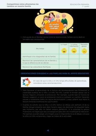 4
EDUCACIÓN PRIMARIA
1.er
grado
Compartimos cómo afrontamos los
cambios en nuestra familia
ORIENTACIONES DIRIGIDAS A LAS FAMILIAS PARA EL APOYO EDUCATIVO
• Para favorecer el aprendizaje de la lectura, les recomendamos que fortalezcan la
capacidad auditiva de la niña o el niño. Por ello, cuando le brinden apoyo con la
lectura, háganlo utilizando la entonación. Por ejemplo, cuando lean la historia de
Manuel, exageren un poco la entonación (como si contaran un cuento), haciendo
pausas y respetando todos los signos de puntuación. Luego, pídanle que repita la
lectura imitando la entonación que hicieron.
• Cuando se solicite que la niña o el niño realice un dibujo, por ejemplo, el de su
familia, tengan presente que debe hacerlo según las destrezas ha adquirido hasta
ese momento; por ello, no deben exigirle perfección. Si la actividad le genera
frustración, no hagan que sea una obligación para ella o él; modifiquen la indicación.
Por ejemplo, pueden pegar una imagen, pues lo importante no es el dibujo, sino que
la niña o el niño comprenda y logre las metas de la actividad.
En caso de que la niña o el niño tenga dificultades de aprendizaje,
consideren estas recomendaciones:
• Con ayuda de un familiar, revisa cómo te desenvolviste. Señala con tu dedo el
recuadro que corresponda:
Mis metas
Lo logré Lo estoy
intentando
Necesito
apoyo
Identifiqué a los integrantes de mi familia.
Reconocí las características de mi familia y
lo que la diferencia de las demás.
Reconocí las costumbres familiares.
La unión
nos hace
Fuertes
La unión
nos hace
Fuertes
 