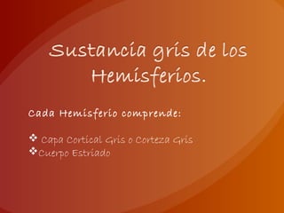 Cada Hemisferio comprende:
 Capa Cortical Gris o Corteza Gris
Cuerpo Estriado
 