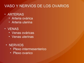 VASO Y NERVIOS DE LOS OVARIOS
• ARTERIAS
• Arteria ovárica
• Arteria uterina
• VENAS
• Venas ováricas
• Venas uterinas
• NERVIOS
• Plexo intermesenterico
• Plexo ovarico
 