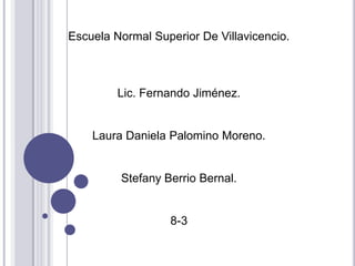Escuela Normal Superior De Villavicencio.



         Lic. Fernando Jiménez.


    Laura Daniela Palomino Moreno.


         Stefany Berrio Bernal.


                  8-3
 