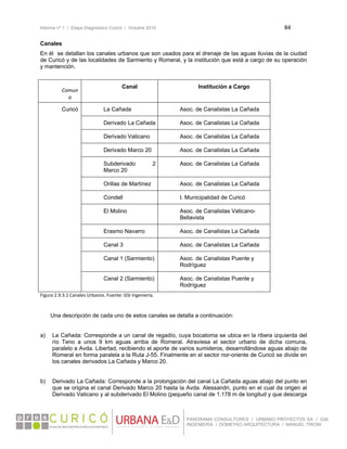 Informe nº 1 / Etapa Diagnóstico Curicó / Octubre 2010 84 
 
PANORAMA CONSULTORES / URBANO PROYECTOS SA / GSI
INGENIERÍA / DOMEYKO ARQUITECTURA / MANUEL TIRONI
Canales
En él se detallan los canales urbanos que son usados para el drenaje de las aguas lluvias de la ciudad
de Curicó y de las localidades de Sarmiento y Romeral, y la institución que está a cargo de su operación
y mantención.
Cuadro Nº 0.1 Canales Urbanos
Comun
a 
Canal Institución a Cargo
Curicó La Cañada Asoc. de Canalistas La Cañada
Derivado La Cañada Asoc. de Canalistas La Cañada
Derivado Vaticano Asoc. de Canalistas La Cañada
Derivado Marco 20 Asoc. de Canalistas La Cañada
Subderivado 2
Marco 20
Asoc. de Canalistas La Cañada
Orillas de Martínez Asoc. de Canalistas La Cañada
Condell I. Municipalidad de Curicó
El Molino Asoc. de Canalistas Vaticano-
Bellavista
Erasmo Navarro Asoc. de Canalistas La Cañada
Canal 3 Asoc. de Canalistas La Cañada
Canal 1 (Sarmiento) Asoc. de Canalistas Puente y
Rodríguez
Canal 2 (Sarmiento) Asoc. de Canalistas Puente y
Rodríguez
Figura 2.9.3.1 Canales Urbanos. Fuente: GSI Ingeniería. 
Una descripción de cada uno de estos canales se detalla a continuación:
a) La Cañada: Corresponde a un canal de regadío, cuya bocatoma se ubica en la ribera izquierda del
río Teno a unos 9 km aguas arriba de Romeral. Atraviesa el sector urbano de dicha comuna,
paralelo a Avda. Libertad, recibiendo el aporte de varios sumideros, desarrollándose aguas abajo de
Romeral en forma paralela a la Ruta J-55. Finalmente en el sector nor-oriente de Curicó se divide en
los canales derivados La Cañada y Marco 20.
b) Derivado La Cañada: Corresponde a la prolongación del canal La Cañada aguas abajo del punto en
que se origina el canal Derivado Marco 20 hasta la Avda. Alessandri, punto en el cual da origen al
Derivado Vaticano y al subderivado El Molino (pequeño canal de 1.178 m de longitud y que descarga
 