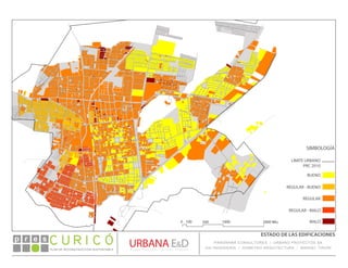 BUENO
REGULAR - BUENO
REGULAR
REGULAR - MALO
MALO
SIMBOLOGÍA
LÍMITE URBANO
PRC 2010
PLAN DE RECONSTRUCCIÓN SUSTENTABLE
Ó     p r e s
ESTADO DE LAS EDIFICACIONES
0 100 500 1000 2000 Mts.
PANORAMA CONSULTORES / URBANO PROYECTOS SA
GSI INGENIERÍA / DOMEYKO ARQUITECTURA / MANUEL TIRONI
 