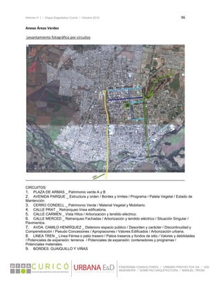 Informe nº 1 / Etapa Diagnóstico Curicó / Octubre 2010 96 
 
PANORAMA CONSULTORES / URBANO PROYECTOS SA / GSI
INGENIERÍA / DOMEYKO ARQUITECTURA / MANUEL TIRONI
Anexo Áreas Verdes 
 Levantamiento fotográfico por circuitos 
 
 
 
CIRCUITOS:
1. PLAZA DE ARMAS _ Patrimonio verde A y B
2. AVENIDA PARQUE _ Estructura y orden / Bordes y límites / Programa / Paleta Vegetal / Estado de
Mantención.
3. CERRO CONDELL _ Patrimonio Verde / Material Vegetal y Mobiliario.
4. CALLE PRAT _ Retranqueo línea edificatoria.
5. CALLE CARMEN _ Vista Hitos / Arborización y tendido eléctrico.
6. CALLE MERCED _ Retranqueo Fachadas / Arborización y tendido eléctrico / Situación Singular /
Pavimentos.
7. AVDA. CAMILO HENRÍQUEZ _ Deterioro espacio público / Desorden y carácter / Discontinuidad y
Compenetración / Pseudo Concesiones / Apropiaciones / Valores Edificados / Arborización urbana.
8. LINEA TREN _ Línea Férrea o patio trasero / Patios traseros y fondos de sitio / Valores y debilidades
/ Potenciales de expansión: terrenos / Potenciales de expansión: contenedores y programas /
Potenciales materiales.
9. BORDES: GUAIQUILLO Y VIÑAS
 