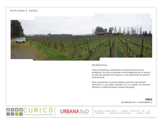 PLAN DE RECONSTRUCCIÓN SUSTENTABL E
Óp re s DETALLE CONTENIDO LINEA 1
DETALLE CONTENIDO LINEA 1
DETALLE CONTENIDO LINEA 1
CONSULTOR ESPECÍFICO
AUTOR DEL PLANO
URBANA E&D
TITULO CONTENIDO
PANORAMA CONSULTORES / URBANO PROYECTOS SA / GSI
INGENIERÍA / DOMEYKO ARQUITECTURA / MANUEL TIRONI
PLAN DE RECONSTRUCCIÓN SUSTENTABLE
Ó     p r e s
VIÑAS
IBA ARQUITECTOS / FICHA NÚMERO 32
PATRIMONIO VERDE
Viña Miguel Torres
Como un elemento ya característico del paisaje de Curicó y sus
alrededores, las viñas se presentan como protagonistas de un carácter
de valle con potencial de incorporar a una planificación de paisaje a
nivel territorial.
Existe actualmente un turismo temático asociado a esta industria
vitivinícola, el cual podría extenderse en su condición de elemento
identitario, al diseño de planes maestros de paisaje.
 