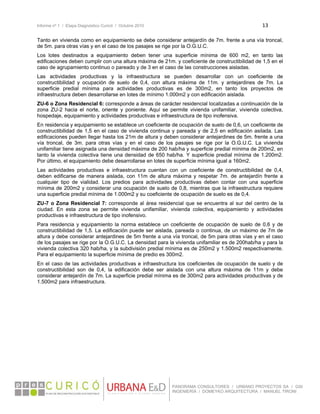 Informe nº 1 / Etapa Diagnóstico Curicó / Octubre 2010 13 
 
PANORAMA CONSULTORES / URBANO PROYECTOS SA / GSI
INGENIERÍA / DOMEYKO ARQUITECTURA / MANUEL TIRONI
Tanto en vivienda como en equipamiento se debe considerar antejardín de 7m. frente a una vía troncal,
de 5m. para otras vías y en el caso de los pasajes se rige por la O.G.U.C.
Los lotes destinados a equipamiento deben tener una superficie mínima de 600 m2, en tanto las
edificaciones deben cumplir con una altura máxima de 21m. y coeficiente de constructibilidad de 1,5 en el
caso de agrupamiento continuo o pareado y de 3 en el caso de las construcciones aisladas.
Las actividades productivas y la infraestructura se pueden desarrollar con un coeficiente de
constructibilidad y ocupación de suelo de 0,4, con altura máxima de 11m. y antejardines de 7m. La
superficie predial mínima para actividades productivas es de 300m2, en tanto los proyectos de
infraestructura deben desarrollarse en lotes de mínimo 1.000m2 y con edificación aislada.
ZU-6 o Zona Residencial 6: corresponde a áreas de carácter residencial localizadas a continuación de la
zona ZU-2 hacia el norte, oriente y poniente. Aquí se permite vivienda unifamiliar, vivienda colectiva,
hospedaje, equipamiento y actividades productivas e infraestructura de tipo inofensiva.
En residencia y equipamiento se establece un coeficiente de ocupación de suelo de 0,6, un coeficiente de
constructibilidad de 1,5 en el caso de vivienda continua y pareada y de 2,5 en edificación asilada. Las
edificaciones pueden llegar hasta los 21m de altura y deben considerar antejardines de 5m. frente a una
vía troncal, de 3m. para otras vías y en el caso de los pasajes se rige por la O.G.U.C. La vivienda
unifamiliar tiene asignada una densidad máxima de 200 hab/ha y superficie predial mínima de 200m2, en
tanto la vivienda colectiva tiene una densidad de 650 hab/ha. Y superficie predial mínima de 1.200m2.
Por último, el equipamiento debe desarrollarse en lotes de superficie mínima igual a 160m2.
Las actividades productivas e infraestructura cuentan con un coeficiente de constructibilidad de 0,4,
deben edificarse de manera aislada, con 11m de altura máxima y respetar 7m. de antejardín frente a
cualquier tipo de vialidad. Los predios para actividades productivas deben contar con una superficie
mínima de 200m2 y considerar una ocupación de suelo de 0,8, mientras que la infraestructura requiere
una superficie predial mínima de 1.000m2 y su coeficiente de ocupación de suelo es de 0,4.
ZU-7 o Zona Residencial 7: corresponde al área residencial que se encuentra al sur del centro de la
ciudad. En esta zona se permite vivienda unifamiliar, vivienda colectiva, equipamiento y actividades
productivas e infraestructura de tipo inofensivo.
Para residencia y equipamiento la norma establece un coeficiente de ocupación de suelo de 0,6 y de
constructibilidad de 1,5. La edificación puede ser aislada, pareada o continua, de un máximo de 7m de
altura y debe considerar antejardines de 5m frente a una vía troncal, de 5m para otras vías y en el caso
de los pasajes se rige por la O.G.U.C. La densidad para la vivienda unifamiliar es de 200hab/ha y para la
vivienda colectiva 320 hab/ha, y la subdivisión predial mínima es de 250m2 y 1.500m2 respectivamente.
Para el equipamiento la superficie mínima de predio es 300m2.
En el caso de las actividades productivas e infraestructura los coeficientes de ocupación de suelo y de
constructibilidad son de 0,4, la edificación debe ser aislada con una altura máxima de 11m y debe
considerar antejardín de 7m. La superficie predial mínima es de 300m2 para actividades productivas y de
1.500m2 para infraestructura.
 