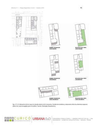 Informe nº 1 / Etapa Diagnóstico Curicó / Octubre 2010 41 
 
PANORAMA CONSULTORES / URBANO PROYECTOS SA / GSI
INGENIERÍA / DOMEYKO ARQUITECTURA / MANUEL TIRONI
 
 
 
 
 
 
 
 
 
 
 
 
 
 
 
 
 
 
 
 
 
 
 
 
 
 
 
 
 
 
 
 
 
 
 
 
 
 
 
   
Fig. 2.7.1.2 Ubicación de las casas en estudio dentro de la manzana. Estudio de sombras y relaciones entre los distintos espacios 
delas tres casas escogidas para el análisis. Fuente: Domeyko Arquitectura. 
 