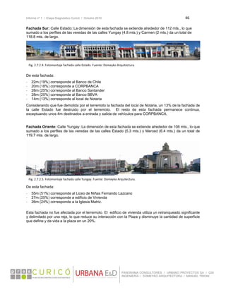 Informe nº 1 / Etapa Diagnóstico Curicó / Octubre 2010 46 
 
PANORAMA CONSULTORES / URBANO PROYECTOS SA / GSI
INGENIERÍA / DOMEYKO ARQUITECTURA / MANUEL TIRONI
Fachada Sur: Calle Estado: La dimensión de esta fachada se extiende alrededor de 112 mts., lo que
sumado a los perfiles de las veredas de las calles Yungay (4.8 mts.) y Carmen (2 mts.) da un total de
118.8 mts. de largo.
De esta fachada:
- 22m (19%) corresponde al Banco de Chile
- 20m (18%) corresponde a CORPBANCA
- 28m (25%) corresponde al Banco Santander
- 28m (25%) corresponde al Banco BBVA
- 14m (13%) corresponde al local de Notaria
Considerando que fue demolida por el terremoto la fachada del local de Notaria, un 13% de la fachada de
la calle Estado fue destruido por el terremoto. El resto de esta fachada permanece continua,
exceptuando unos 4m destinados a entrada y salida de vehículos para CORPBANCA.
Fachada Oriente: Calle Yungay: La dimensión de esta fachada se extiende alrededor de 108 mts., lo que
sumado a los perfiles de las veredas de las calles Estado (5.3 mts.) y Merced (6.4 mts.) da un total de
119.7 mts. de largo.
De esta fachada:
- 55m (51%) corresponde al Liceo de Niñas Fernando Lazcano
- 27m (25%) corresponde a edificio de Vivienda
- 26m (24%) corresponde a la Iglesia Matriz.
Esta fachada no fue afectada por el terremoto. El edificio de vivienda utiliza un retranqueado significante
y delimitado por una reja, lo que reduce su interacción con la Plaza y disminuye la cantidad de superficie
que define y da vida a la plaza en un 20%.
Fig. 2.7.2.4. Fotomontaje fachada calle Estado. Fuente: Domeyko Arquitectura. 
Fig. 2.7.2.5. Fotomontaje fachada calle Yungay. Fuente: Domeyko Arquitectura. 
 