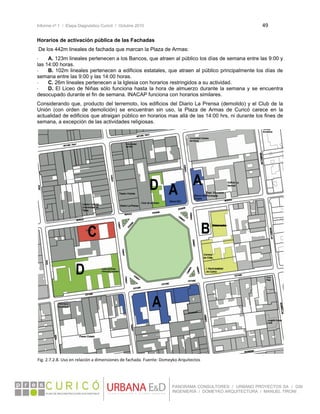Informe nº 1 / Etapa Diagnóstico Curicó / Octubre 2010 49 
 
PANORAMA CONSULTORES / URBANO PROYECTOS SA / GSI
INGENIERÍA / DOMEYKO ARQUITECTURA / MANUEL TIRONI
Horarios de activación pública de las Fachadas
De los 442m lineales de fachada que marcan la Plaza de Armas:
- A. 123m lineales pertenecen a los Bancos, que atraen al público los días de semana entre las 9:00 y
las 14:00 horas.
- B. 102m lineales pertenecen a edificios estatales, que atraen al público principalmente los días de
semana entre las 9:00 y las 14:00 horas.
- C. 26m lineales pertenecen a la Iglesia con horarios restringidos a su actividad.
- D. El Liceo de Niñas sólo funciona hasta la hora de almuerzo durante la semana y se encuentra
desocupado durante el fin de semana. INACAP funciona con horarios similares.
Considerando que, producto del terremoto, los edificios del Diario La Prensa (demolido) y el Club de la
Unión (con orden de demolición) se encuentran sin uso, la Plaza de Armas de Curicó carece en la
actualidad de edificios que atraigan público en horarios mas allá de las 14:00 hrs, ni durante los fines de
semana, a excepción de las actividades religiosas.
Fig. 2.7.2.8. Uso en relación a dimensiones de fachada. Fuente: Domeyko Arquitectos 
 