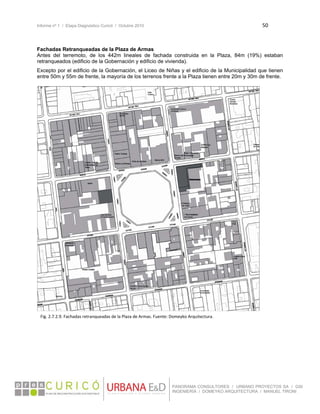 Informe nº 1 / Etapa Diagnóstico Curicó / Octubre 2010 50 
 
PANORAMA CONSULTORES / URBANO PROYECTOS SA / GSI
INGENIERÍA / DOMEYKO ARQUITECTURA / MANUEL TIRONI
Fachadas Retranqueadas de la Plaza de Armas
Antes del terremoto, de los 442m lineales de fachada construida en la Plaza, 84m (19%) estaban
retranqueados (edificio de la Gobernación y edificio de vivienda).
Excepto por el edificio de la Gobernación, el Liceo de Niñas y el edificio de la Municipalidad que tienen
entre 50m y 55m de frente, la mayoría de los terrenos frente a la Plaza tienen entre 20m y 30m de frente.
Fig. 2.7.2.9. Fachadas retranqueadas de la Plaza de Armas. Fuente: Domeyko Arquitectura. 
 