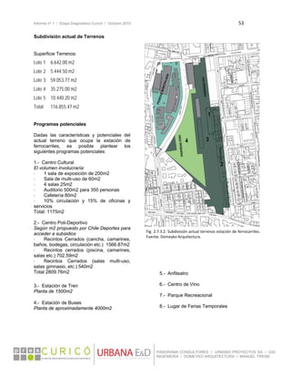 Informe nº 1 / Etapa Diagnóstico Curicó / Octubre 2010 53 
 
PANORAMA CONSULTORES / URBANO PROYECTOS SA / GSI
INGENIERÍA / DOMEYKO ARQUITECTURA / MANUEL TIRONI
Subdivisión actual de Terrenos
Superficie Terrenos:
Lote 1 6.642.00 m2
Lote 2 5.444.50 m2
Lote 3 59.053.77 m2
Lote 4 35.275.00 m2
Lote 5 10.440.20 m2
Total 116.855.47 m2
Programas potenciales
Dadas las características y potenciales del
actual terreno que ocupa la estación de
ferrocarriles, es posible plantear los
siguientes programas potenciales:
1.- Centro Cultural
El volumen involucraría:
- 1 sala de exposición de 200m2
- Sala de multi-uso de 60m2
- 4 salas 25m2
- Auditorio 500m2 para 350 personas
- Cafetería 80m2
- 10% circulación y 15% de oficinas y
servicios
Total: 1175m2
2.- Centro Poli-Deportivo
Según m2 propuesto por Chile Deportes para
acceder a subsidios
- Recintos Cerrados (cancha, camarines,
baños, bodegas, circulación etc.) 1566.87m2
- Recintos cerrados (piscina, camarines,
salas etc.) 702.59m2
- Recintos Cerrados (salas multi-uso,
salas gimnasio, etc.) 540m2
Total 2809.76m2
3.- Estación de Tren
Planta de 1500m2
4.- Estación de Buses
Planta de aproximadamente 4000m2
5.- Anfiteatro
6.- Centro de Vino
7.- Parque Recreacional
8.- Lugar de Ferias Temporales
Fig. 2.7.3.2. Subdivisión actual terrenos estación de ferrocarriles. 
Fuente: Domeyko Arquitectura. 
 
