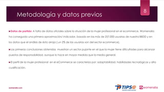Metodología y datos previos
Datos de partida: A falta de datos oficiales sobre la situación de la mujer profesional en el ecommerce, Womenalia
ha conseguido una primera aproximación/ indicador, basado en las más de 257.000 usuarias de nuestra BBDD y en
los datos que el análisis de ésta arroja ( un 2% de las usuarias son del sector ecommerce).
Las primeras conclusiones obtenidas muestran un sector pujante en el que la mujer tiene dificultades para alcanzar
puestos de responsabilidad, aunque lo hace en mayor medida que la media general.
El perfil de la mujer profesional en el eCommerce se caracteriza por: adaptabilidad, habilidades tecnológicas y alta
cualificación.
8
womenalia.com
 
