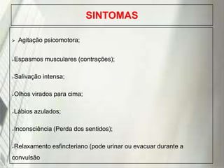 SINTOMAS


Agitação psicomotora;

Espasmos musculares (contrações);



Salivação intensa;



Olhos virados para cima;



Lábios azulados;



Inconsciência (Perda dos sentidos);



Relaxamento esfincteriano (pode urinar ou evacuar durante a



convulsão
19/1/2014

 
