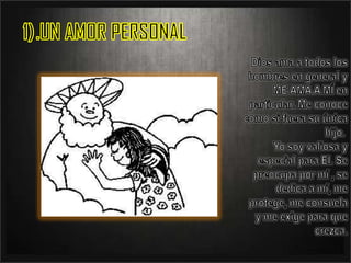 .UN AMOR PERSONALDios ama a todos los hombres en general y ME AMA A MÍ en particular. Me conoce como si fuera su única hijo. Yo soy valiosa y especial para El. Se preocupa por mí , se dedica a mí, me protege, me consuela y me exige para que crezca.