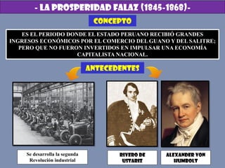 - LA PROSPERIDAD FALAZ (1845-1868)-
ES EL PERIODO DONDE EL ESTADO PERUANO RECIBIÓ GRANDES
INGRESOS ECONÓMICOS POR EL COMERCIO DEL GUANO Y DEL SALITRE;
PERO QUE NO FUERON INVERTIDOS EN IMPULSAR UNA ECONOMÍA
CAPITALISTA NACIONAL.
ANTECEDENTES
CONCEPTO
Se desarrolla la segunda
Revolución industrial
Rivero de
Ustariz
Alexander Von
Humbolt
 