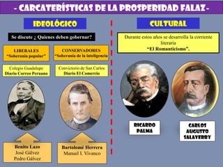 - CARCATERÍSTICAS DE LA PROSPERIDAD FALAZ-
IDEOLÓGICO
LIBERALES
“Soberanía popular"
Colegio Guadalupe
Diario Correo Peruano
Benito Lazo
José Gálvez
Pedro Gálvez
CONSERVADORES
“Soberanía de la inteligencia
Convictorio de San Carlos
Diario El Comercio
Bartolomé Herrera
Manuel I. Vivanco
Se discute ¿ Quienes deben gobernar?
CULTURAL
Durante estos años se desarrolla la corriente
literaria
“El Romanticismo”.
RICARDO
PALMA
Carlos
Augusto
Salaverry
 