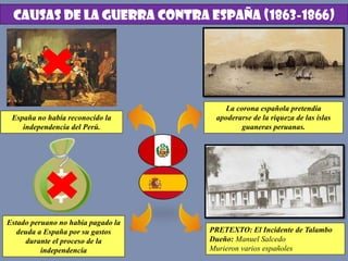 CAUSAS DE LA GUERRA CONTRA ESPAÑA (1863-1866)
España no había reconocido la
independencia del Perú.
Estado peruano no había pagado la
deuda a España por su gastos
durante el proceso de la
independencia
La corona española pretendía
apoderarse de la riqueza de las islas
guaneras peruanas.
PRETEXTO: El Incidente de Talambo
Dueño: Manuel Salcedo
Murieron varios españoles
 