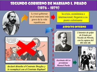 SEGUNDO GOBIERNO DE MARIANO I. PRADO
(1876 – 1879)
Le tocó gobernar
en el momento más
grave de la vida
republicana
la crisis, económica e
internacional, llegaron a su
punto culminante
declaró disuelto el Contrato Dreyfus y
lo reemplazó con el Contrato Raphael
2 intentos de golpe
de Estado por
Nicolás de Piérola,
con la captura del
HUASCAR.
ASPECTO INTERNO
Asesinato del ex
presidente
Manuel Pardo
 