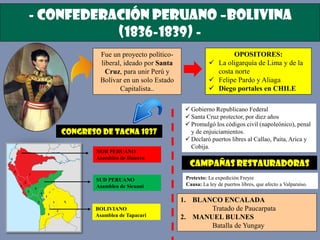 - CONFEDERACIÓN PERUANO –BOLIVINA
(1836-1839) -
Fue un proyecto político-
liberal, ideado por Santa
Cruz, para unir Perú y
Bolívar en un solo Estado
Capitalista..
OPOSITORES:
 La oligarquía de Lima y de la
costa norte
 Felipe Pardo y Aliaga
 Diego portales en CHILE
NOR PERUANO
Asamblea de Huaura
BOLIVIANO
Asamblea de Tapacarí
SUD PERUANO
Asamblea de Sicuani
CONGRESO DE TACNA 1837
 Gobierno Republicano Federal
 Santa Cruz protector, por diez años
 Promulgó los códigos civil (napoleónico), penal
y de enjuiciamientos.
 Declaró puertos libres al Callao, Paita, Arica y
Cobija.
CAMPAÑAS RESTAURADORAS
1. BLANCO ENCALADA
Tratado de Paucarpata
2. MANUEL BULNES
Batalla de Yungay
Pretexto: La expedición Freyre
Causa: La ley de puertos libres, que afecto a Valparaíso.
 