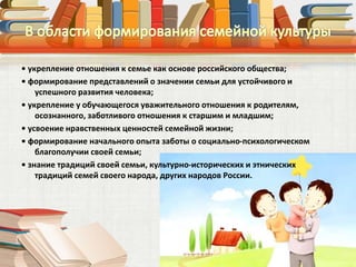 • укрепление отношения к семье как основе российского общества;
• формирование представлений о значении семьи для устойчив...
