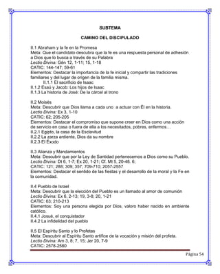 SUBTEMA

                           CAMINO DEL DISCIPULADO

II.1 Abraham y la fe en la Promesa
Meta: Que el candidato descubra que la fe es una respuesta personal de adhesión
a Dios que lo busca a través de su Palabra
Lectio Divina: Gén 12, 1-11; 15, 1-18
CATIC: 144-147; 59-61
Elementos: Destacar la importancia de la fe inicial y compartir las tradiciones
familiares y del lugar de origen de la familia misma.
        II.1.1 El sacrificio de Isaac
II.1.2 Esaú y Jacob: Los hijos de Isaac
II.1.3 La historia de José: De la cárcel al trono

II.2 Moisés
Meta: Descubrir que Dios llama a cada uno a actuar con Él en la historia.
Lectio Divina: Ex 3, 1-10
CATIC: 62; 205-205
Elementos: Destacar el compromiso que supone creer en Dios como una acción
de servicio en casa o fuera de ella a los necesitados, pobres, enfermos…
II.2.1 Egipto, la casa de la Esclavitud
II.2.2 La zarza ardiente, Dios da su nombre
II.2.3 El Éxodo

II.3 Alianza y Mandamientos
Meta: Descubrir que por la Ley de Santidad pertenecemos a Dios como su Pueblo.
Lectio Divina: Dt 6, 1-7; Ex 20, 1-21; Cf. Mt 5, 20-48. 6;
CATIC: 121; 288; 309; 357; 709-710; 2057-2557
Elementos: Destacar el sentido de las fiestas y el desarrollo de la moral y la Fe en
la comunidad.

II.4 Pueblo de Israel
Meta: Descubrir que la elección del Pueblo es un llamado al amor de comunión
Lectio Divina: Ex 6, 2-13; 19, 3-8; 20, 1-21
CATIC: 63; 210-213
Elementos: Soy una persona elegida por Dios, valoro haber nacido en ambiente
católico.
II.4.1 Josué, el conquistador
II.4.2 La infidelidad del pueblo

II.5 El Espíritu Santo y lo Profetas
Meta: Descubrir al Espíritu Santo artífice de la vocación y misión del profeta.
Lectio Divina: Am 3, 8; 7, 15; Jer 20, 7-9
CATIC: 2578-2580
                                                                                  Página 54
 