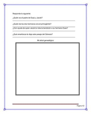 Responde lo siguiente:

¿Quién es el padre de Esaú y Jacob?
_______________________________________________________________

¿Quién de los dos hermanos era el primogénito?
_______________________________________________________________
¿Con ayuda de quien Jacob le roba la bendición a su hermano Esaú?
_______________________________________________________________

¿Qué enseñanza te deja este pasaje del Génesis?
_______________________________________________________________

                         Mi árbol genealógico




                                                                    Página 62
 