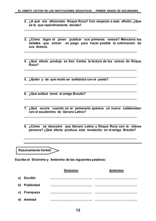 EL HÁBITO LECTOR EN LAS INSTITUCIONES EDUCATIVAS – PRIMER GRADO DE SECUNDARIA
13
________________________________________________________________
2. ¿A qué era aficionado Roque Roca? Con respecto a esta afición, ¿Qué
es lo que repentinamente decide?
________________________________________________________________
________________________________________________________________
3. ¿Cómo logra el joven publicar sus primeros versos? Menciona los
detalles que entran en juego para hacer posible la culminación de
sus deseos.
________________________________________________________________
________________________________________________________________
4. ¿Qué efecto produjo en San Carlos la lectura de los versos de Roque
Roca?
________________________________________________________________
________________________________________________________________
5. ¿Quién y de qué modo se solidarizó con el poeta?
________________________________________________________________
________________________________________________________________
6. ¿Qué actitud tomó el amigo Braulio?
________________________________________________________________
________________________________________________________________
7. ¿Qué ocurre cuando en el semanario aparece un nuevo colaborador
con el seudónimo de Genaro Latino?
________________________________________________________________
________________________________________________________________
8. ¿Cómo se descubre que Genaro Latino y Roque Roca son la misma
persona? ¿Qué efecto produce esta revelación en el amigo Braulio?
________________________________________________________________
Escribe el Sinónimo y Antónimo de las siguientes palabras:
Sinónimo Antónimo
a) Escribir …………………………………. ………………………………….
b) Publicidad …………………………………. ………………………………….
c) Franqueza …………………………………. ………………………………….
d) Amistad …………………………………. ………………………………….
Razonamiento Verbal:
 