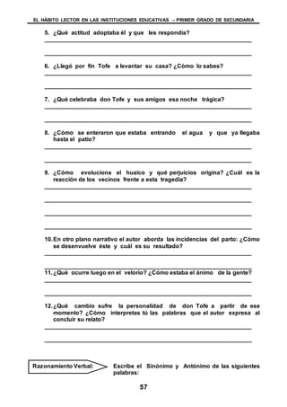 EL HÁBITO LECTOR EN LAS INSTITUCIONES EDUCATIVAS – PRIMER GRADO DE SECUNDARIA
57
5. ¿Qué actitud adoptaba él y que les respondía?
________________________________________________________________
________________________________________________________________
6. ¿Llegó por fin Tofe a levantar su casa? ¿Cómo lo sabes?
________________________________________________________________
________________________________________________________________
7. ¿Qué celebraba don Tofe y sus amigos esa noche trágica?
________________________________________________________________
________________________________________________________________
8. ¿Cómo se enteraron que estaba entrando el agua y que ya llegaba
hasta el patio?
________________________________________________________________
________________________________________________________________
9. ¿Cómo evoluciona el huaico y qué perjuicios origina? ¿Cuál es la
reacción de los vecinos frente a esta tragedia?
________________________________________________________________
________________________________________________________________
________________________________________________________________
________________________________________________________________
10.En otro plano narrativo el autor aborda las incidencias del parto: ¿Cómo
se desenvuelve éste y cuál es su resultado?
________________________________________________________________
________________________________________________________________
11.¿Qué ocurre luego en el velorio? ¿Cómo estaba el ánimo de la gente?
________________________________________________________________
________________________________________________________________
12.¿Qué cambio sufre la personalidad de don Tofe a partir de ese
momento? ¿Cómo interpretas tú las palabras que el autor expresa al
concluir su relato?
________________________________________________________________
________________________________________________________________
Escribe el Sinónimo y Antónimo de las siguientes
palabras:
Razonamiento Verbal:
 