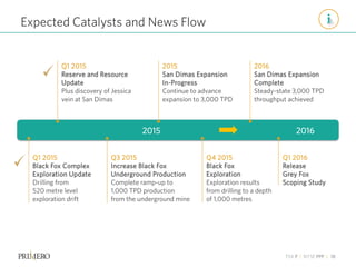 TSX P | NYSE PPP | 18
Expected Catalysts and News Flow
Q1 2015
Reserve and Resource
Update
Plus discovery of Jessica
vein at San Dimas
Q1 2015
Black Fox Complex
Exploration Update
Drilling from
520 metre level
exploration drift
Q1 2016
Release
Grey Fox
Scoping Study
20162015
Q3 2015
Increase Black Fox
Underground Production
Complete ramp-up to
1,000 TPD production
from the underground mine
2015
San Dimas Expansion
In-Progress
Continue to advance
expansion to 3,000 TPD
Q4 2015
Black Fox
Exploration
Exploration results
from drilling to a depth
of 1,000 metres
2016
San Dimas Expansion
Complete
Steady-state 3,000 TPD
throughput achieved
 