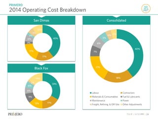 TSX P | NYSE PPP | 24
2014 Operating Cost Breakdown
PRIMERO
40%
18%
17%
7%
6%
5%
4% -5%
Labour Contractors
Materials & Consumables Fuel & Lubricants
Maintenance Power
Freight, Refining, & Off-Site Other Adjustments
40%
17%
17%
3%
6%
2%
5%
10%
33%
17%13%
9%
6%
6%
2%
-14%
ConsolidatedSan Dimas
Black Fox
 
